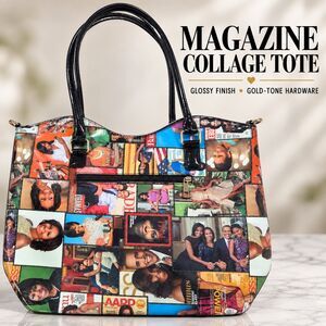 Michelle Obama Magazine Collage Tote Handbag Black Glossy Gold Hardware